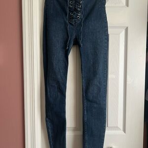 Free People Dark Blue Lace-Up Skinny Jeans